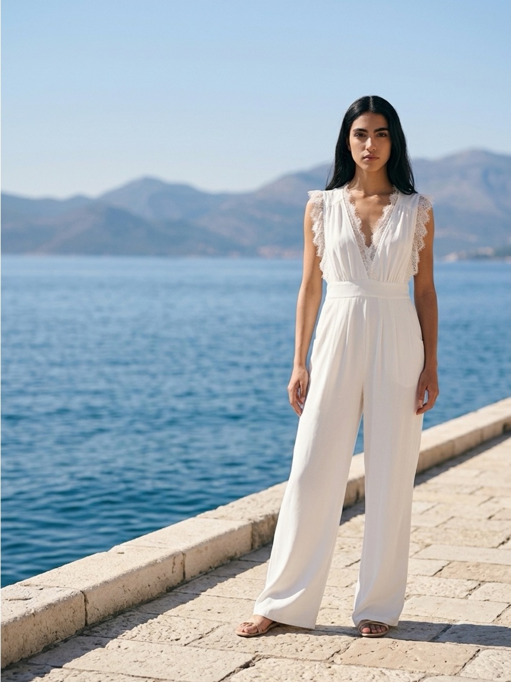 Newbury Kustom Elegant White Lace-Trim Jumpsuit
